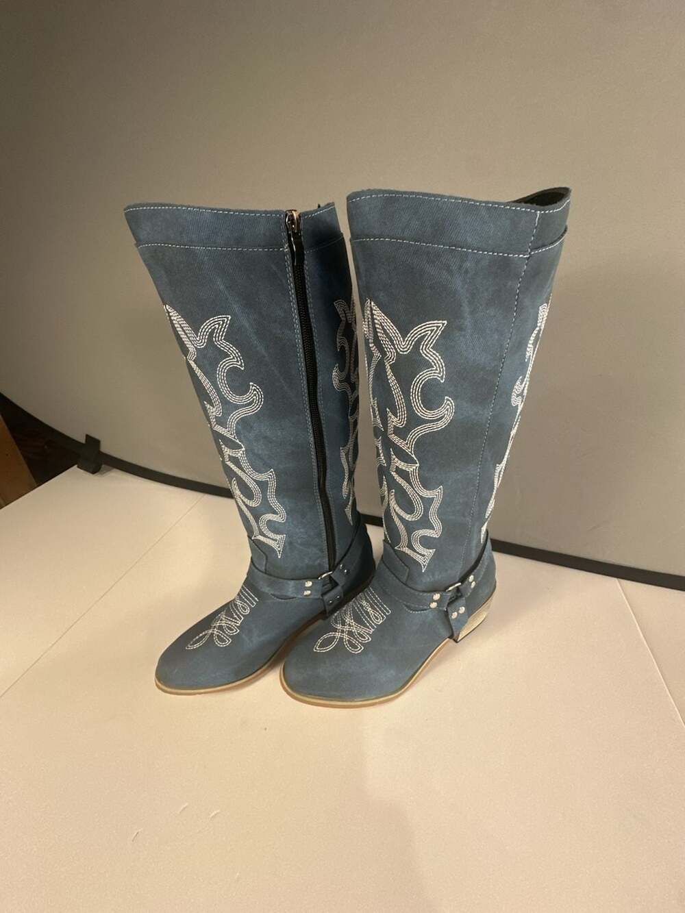 Blue Denim Embroidered Western Harness Boots EU 37 US 6.5
